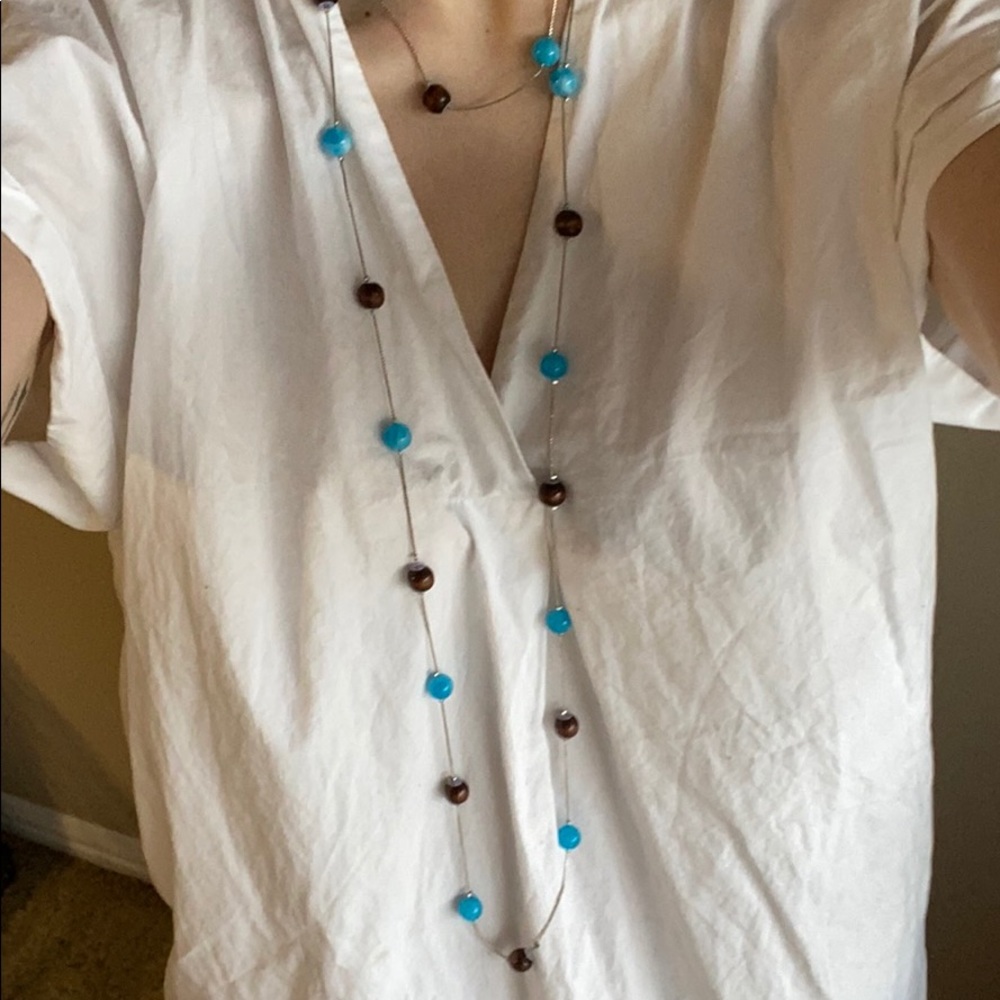 Teal & Wood bead on a Silver Chain Necklace 📿